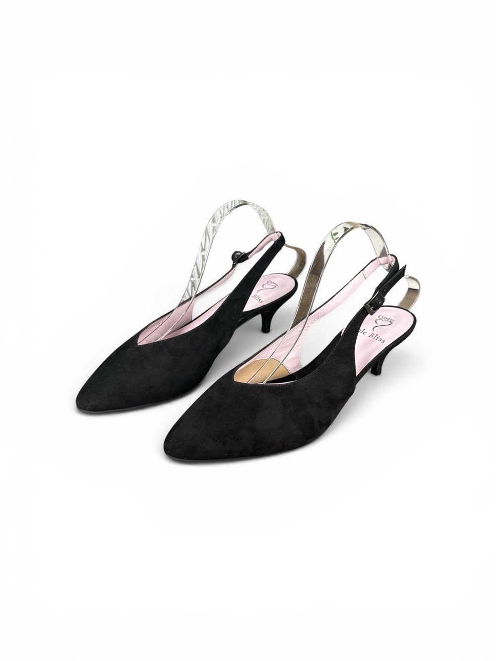 Sole Bliss black suede kitten heel slingback pumps featuring a pointed toe.